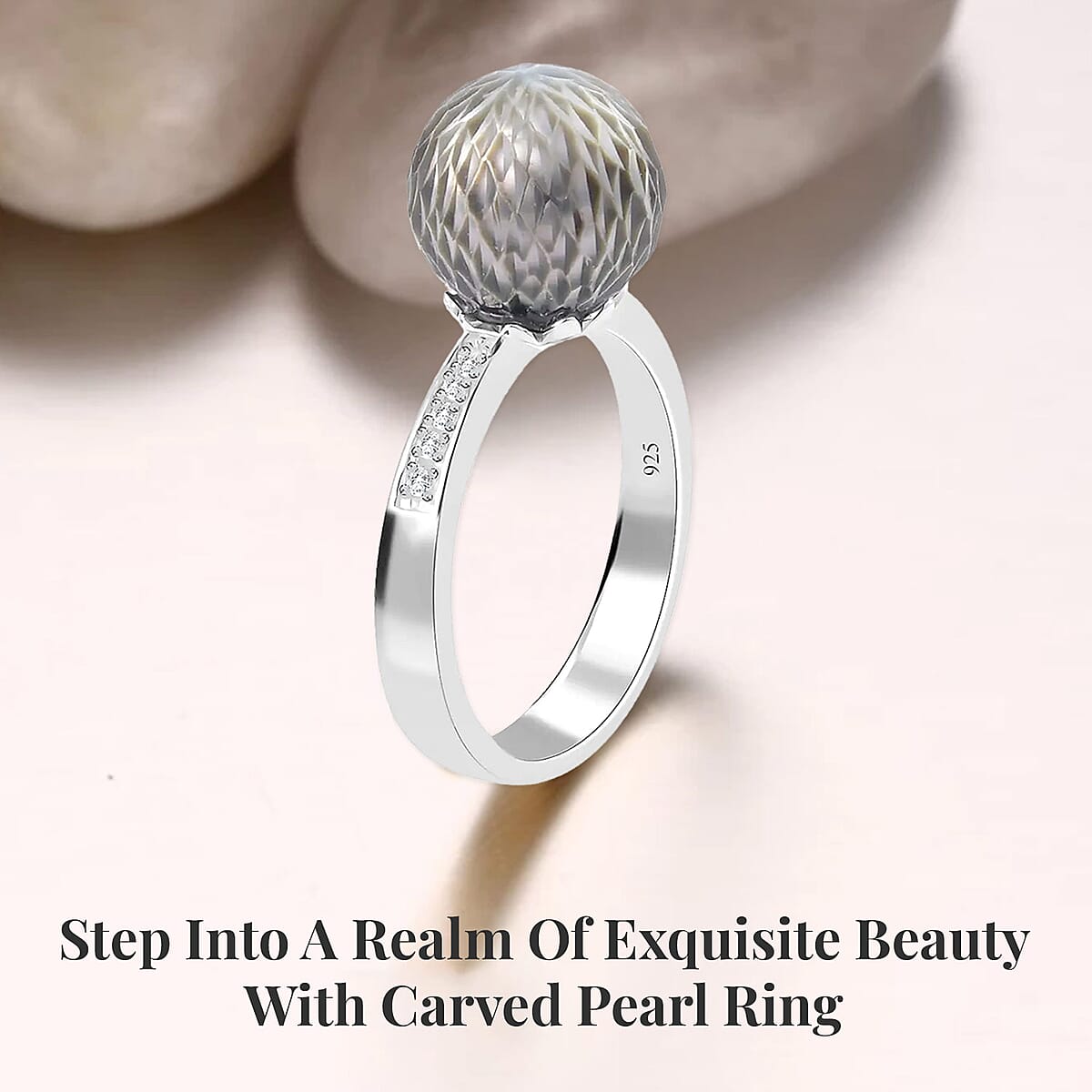 Tahitian Cultured Pearl Carved and Diamond Ring in Rhodium Over Sterling Silver (Size 7.0) 0.10 ctw image number 2
