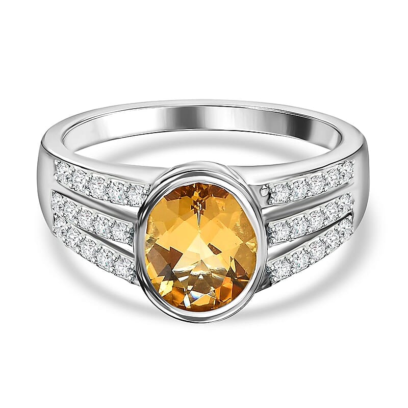 Yellow Beryl and White Zircon 2.00 ctw Ring in Platinum Over Sterling Silver (Size 8.0)