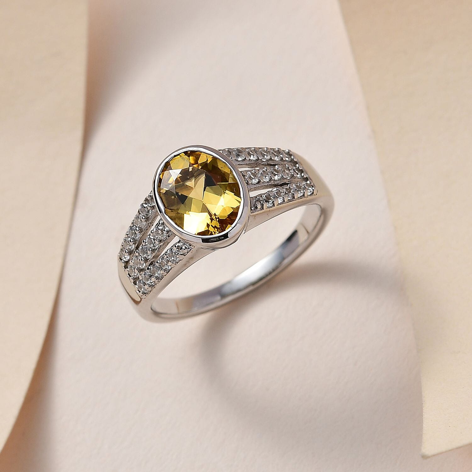 Yellow Beryl and White Zircon 2.00 ctw Ring in Platinum Over Sterling Silver (Size 8.0)