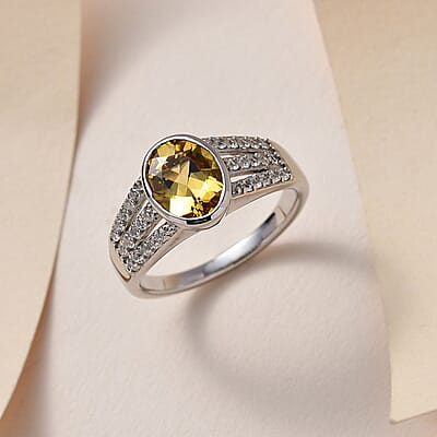 Yellow Beryl and White Zircon 2.00 ctw Ring in Platinum Over Sterling Silver (Size 8.0)