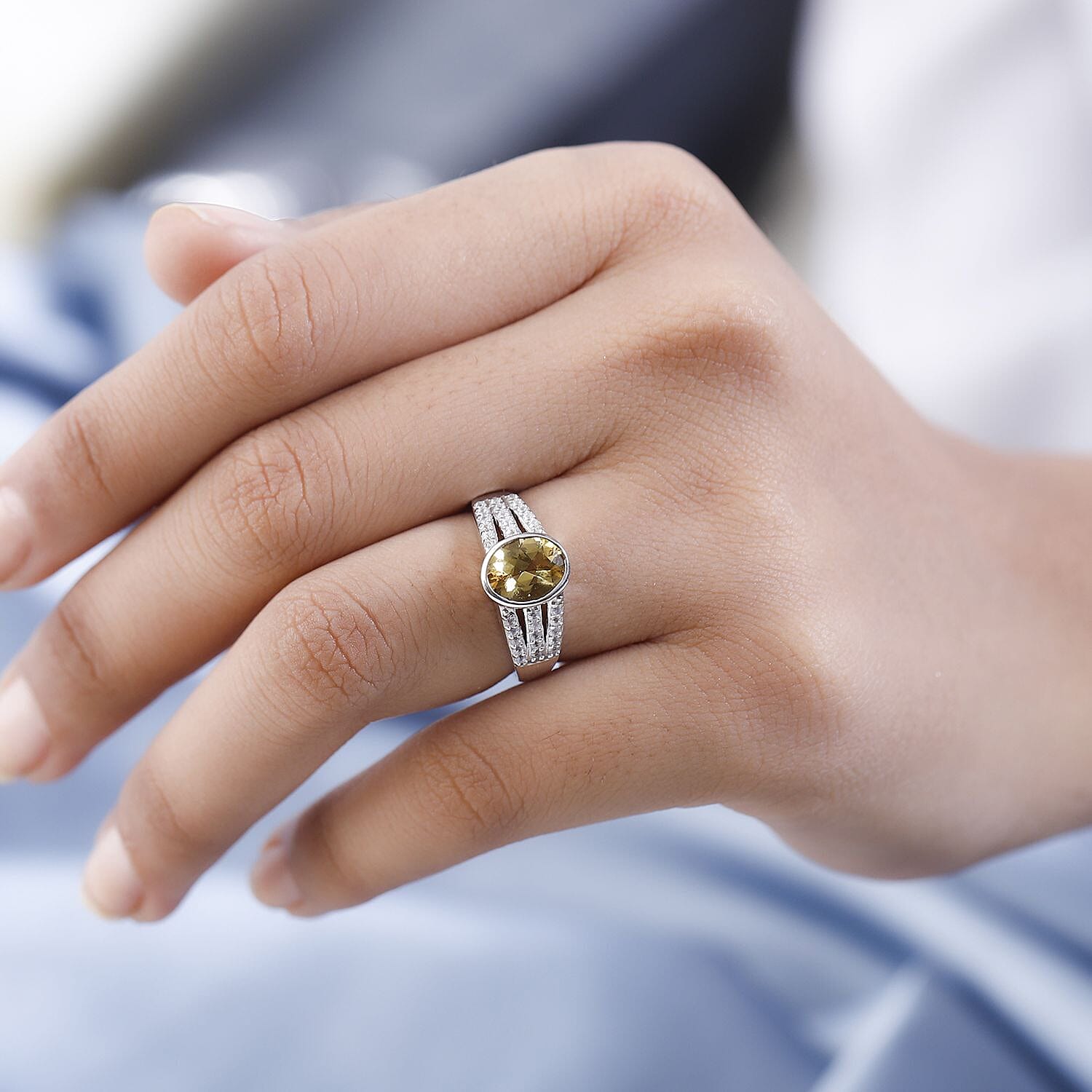 Yellow Beryl and White Zircon 2.00 ctw Ring in Platinum Over Sterling Silver (Size 8.0)