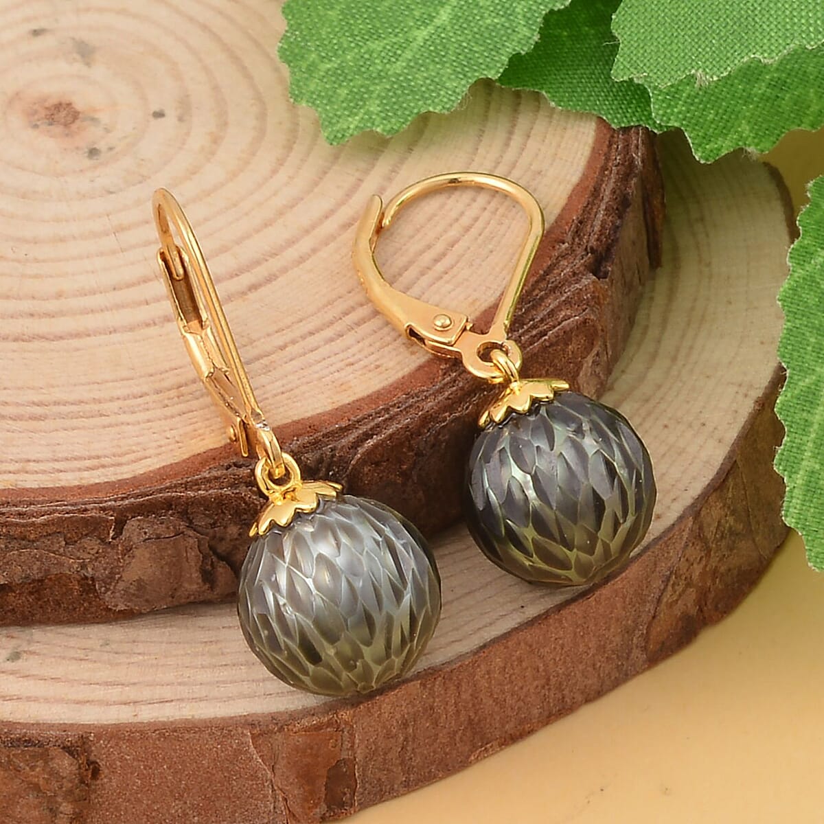 Tahitian Cultured Pearl Carved Lever Back Earrings in Vermeil Yellow Gold Over Sterling Silver image number 1