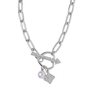 White Glass and Austrian Crystal Necklace 20 Inches in Silvertone