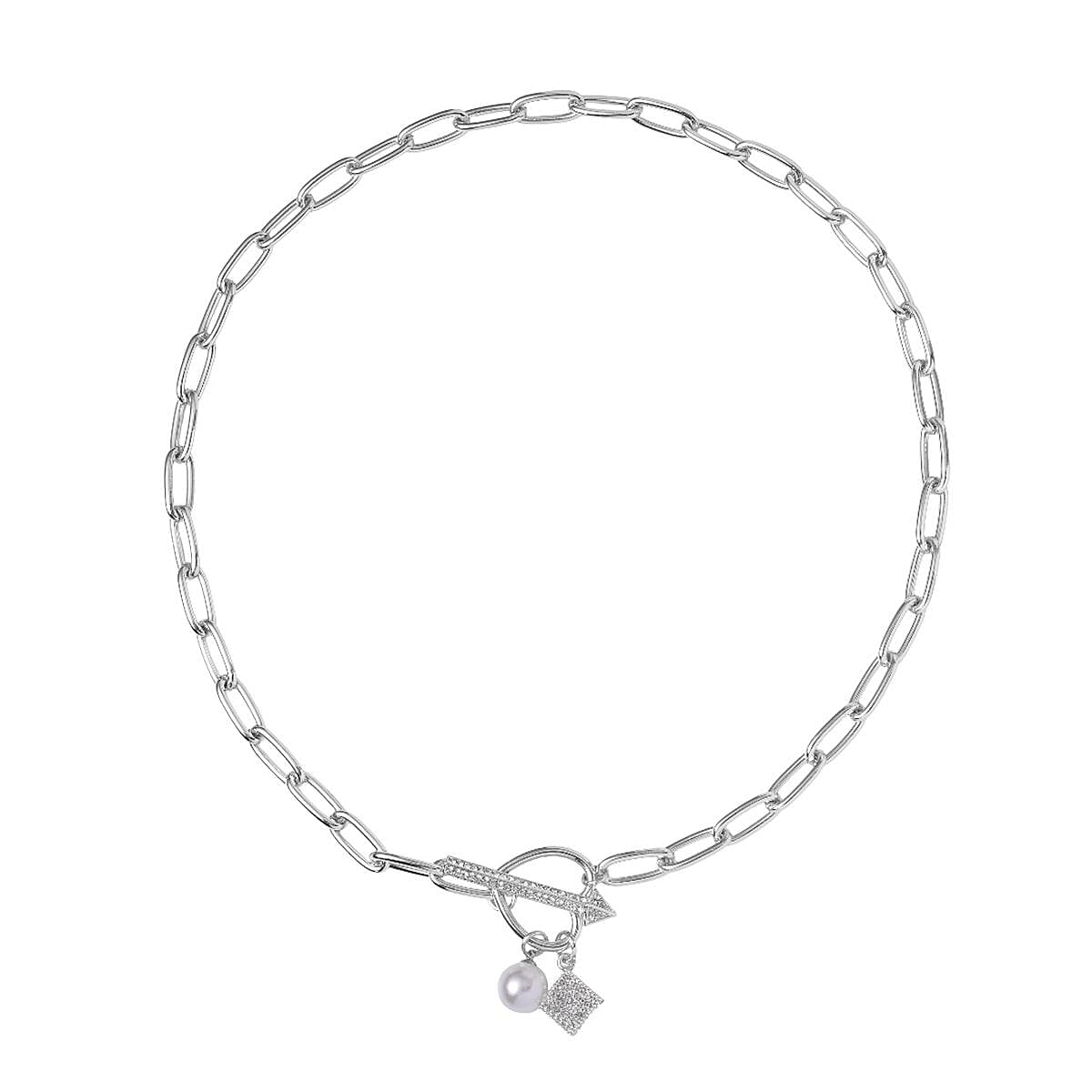 White Glass and Austrian Crystal Necklace 20 Inches in Silvertone
