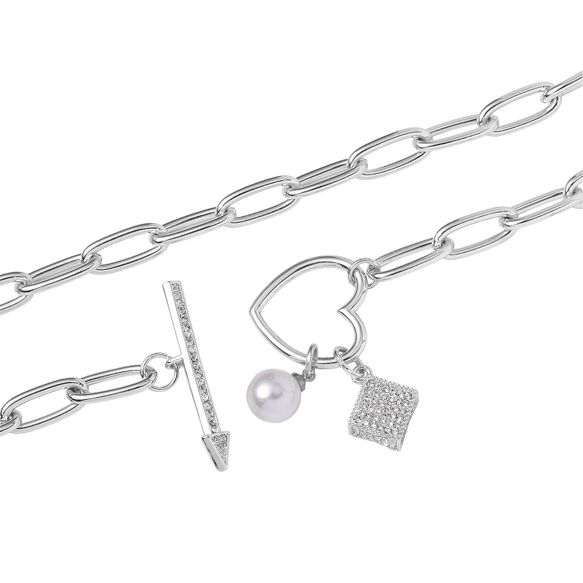 White Glass and Austrian Crystal Necklace 20 Inches in Silvertone