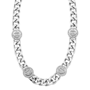 White Austrian Crystal Curb Chain Station Necklace 20 Inches in Silvertone with Extender 