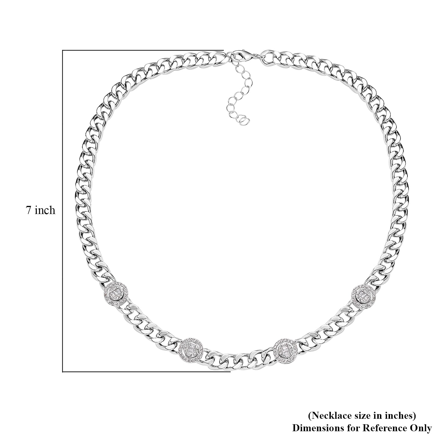 White Austrian Crystal Curb Chain Station Necklace 20 Inches in Silvertone with Extender 
