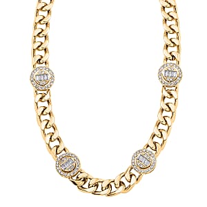 White Austrian Crystal Curb Chain Station Necklace 20 Inches in Goldtone with Extender 