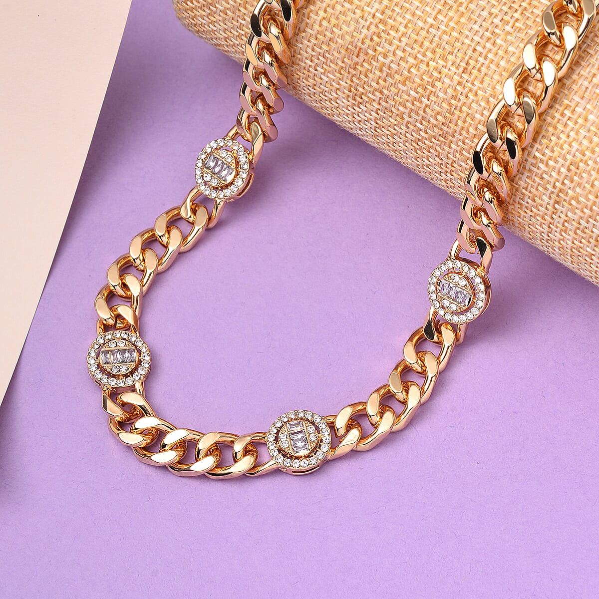 White Austrian Crystal Curb Chain Station Necklace 20 Inches in Goldtone with Extender  image number 1