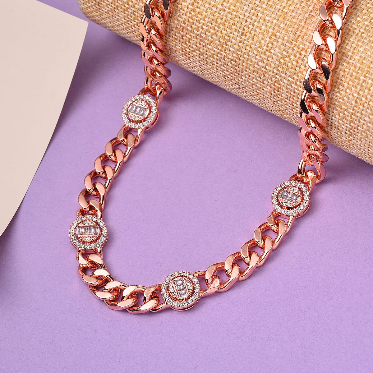 White Austrian Crystal Curb Chain Station Necklace in Rosetone with Extender 20 Inches image number 1