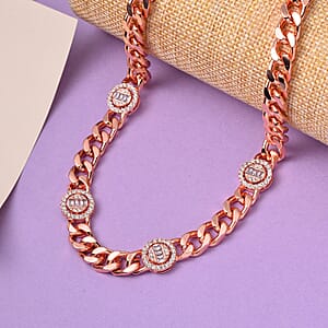 White Austrian Crystal Curb Chain Station Necklace in Rosetone with Extender 20 Inches