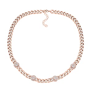 White Austrian Crystal Curb Chain Station Necklace in Rosetone with Extender 20 Inches