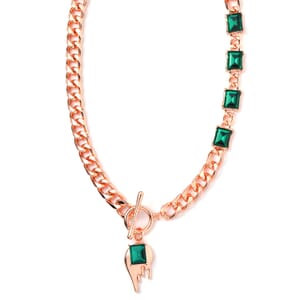 Green Glass Necklace 20 Inches in Rosetone