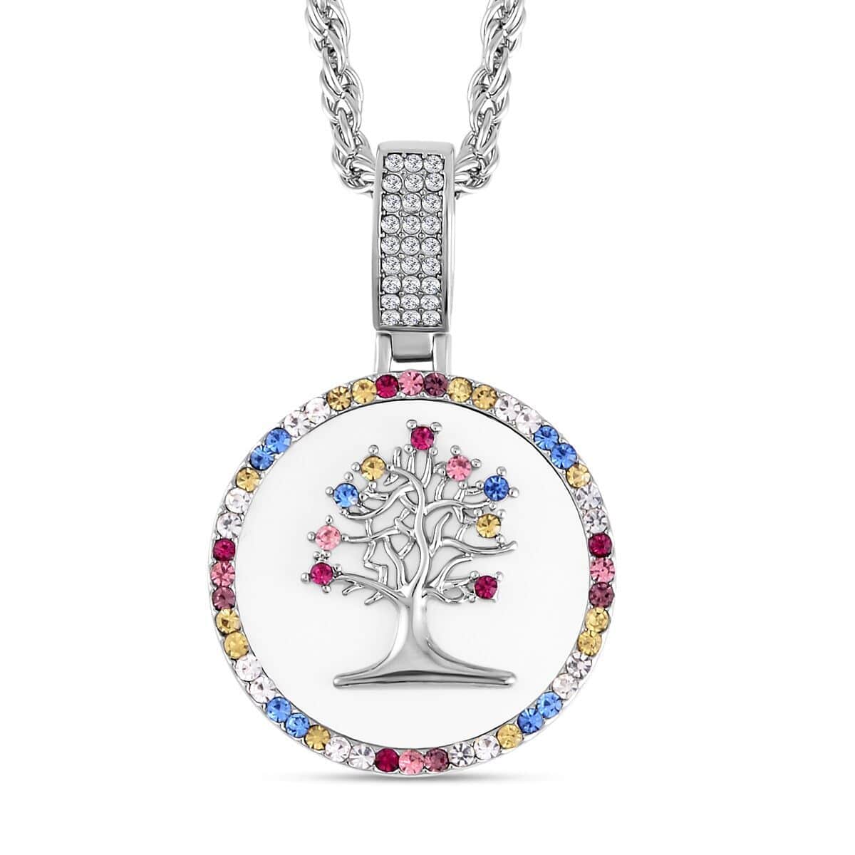 Multi Color Austrian Crystal, Resin Tree of Life Necklace (20 Inches) in Silvertone image number 0
