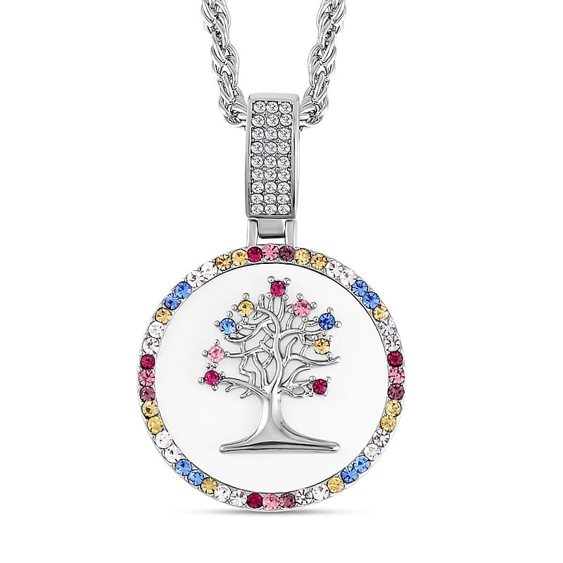 Multi Color Austrian Crystal and Resin Tree of Life Necklace 20-22 Inches in Silvertone