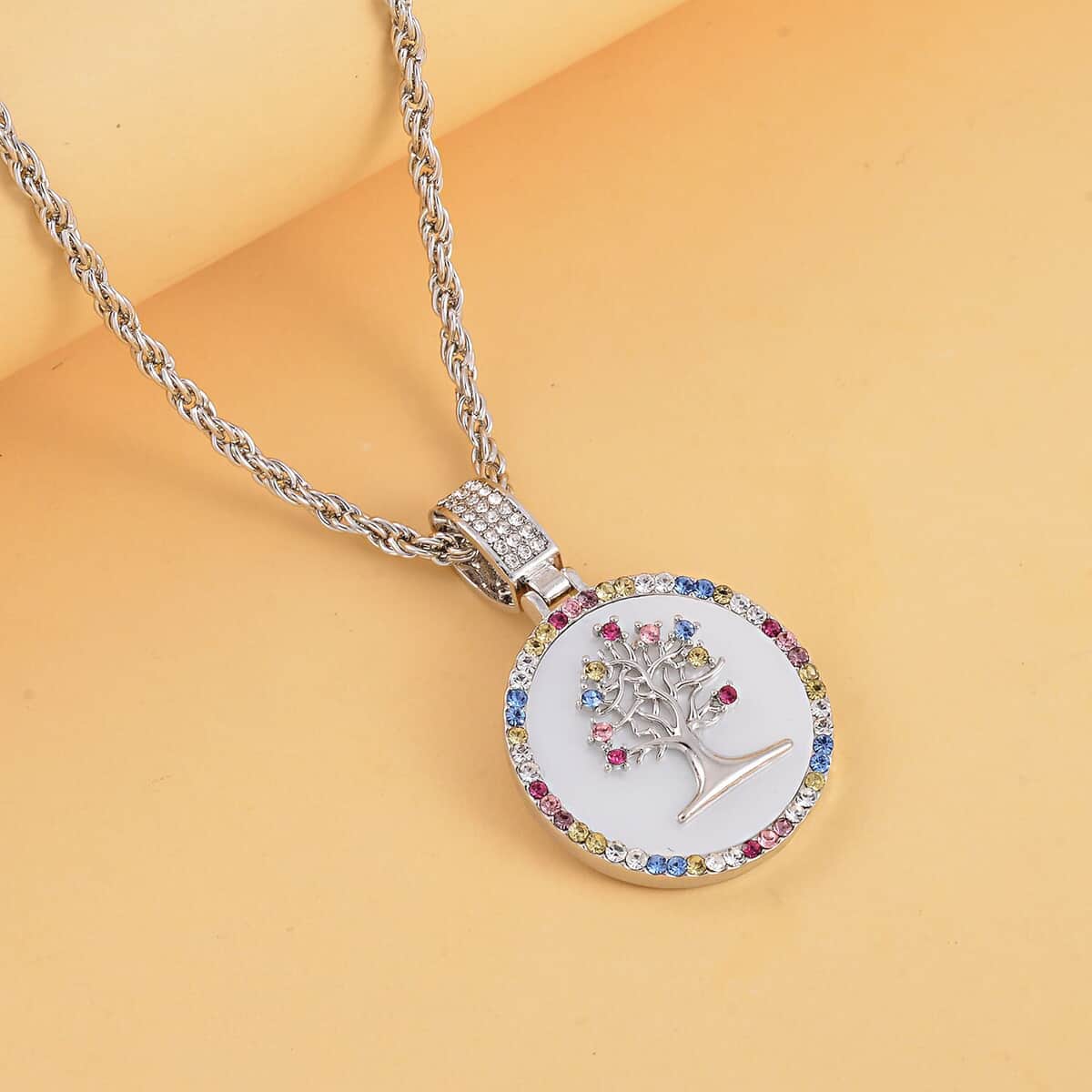 Multi Color Austrian Crystal and Resin Tree of Life Necklace 20-22 Inches in Silvertone image number 1