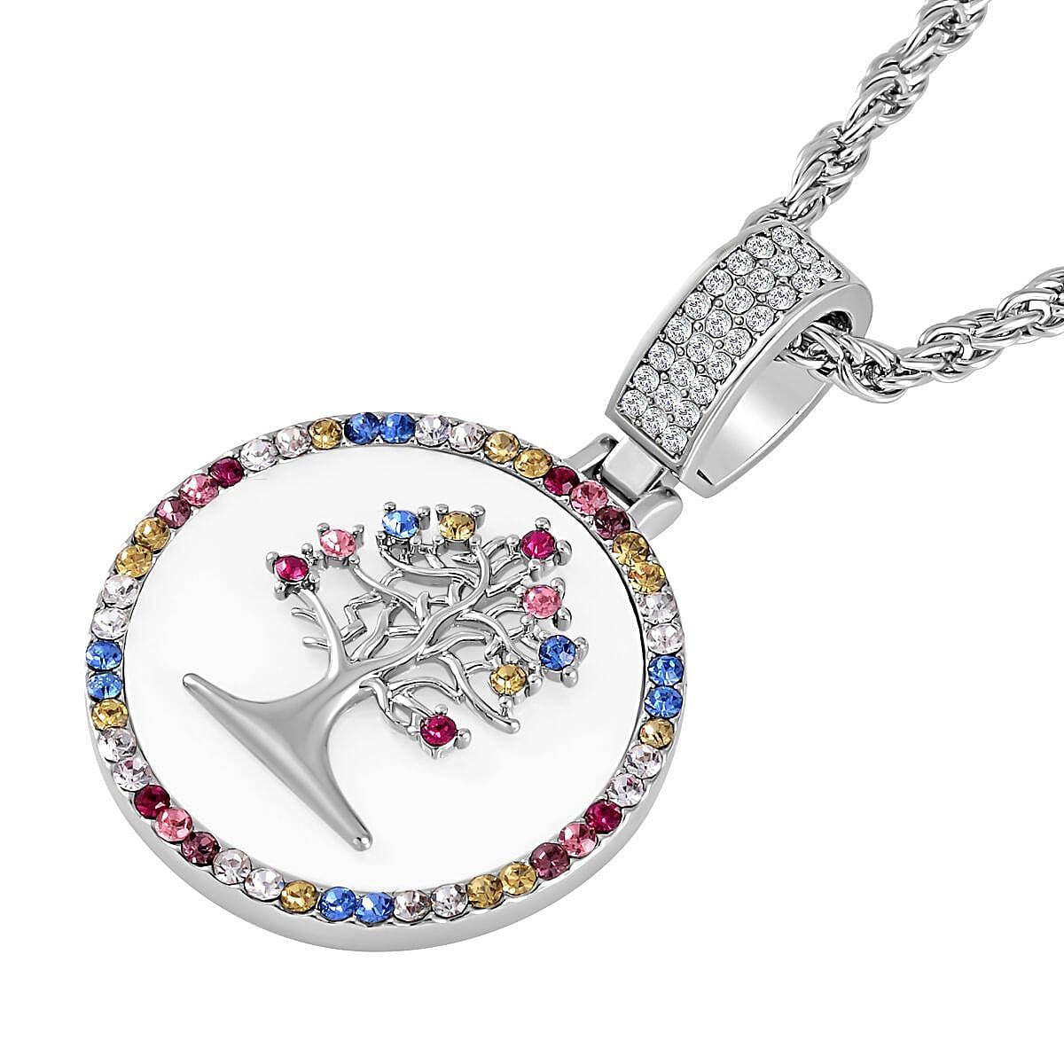 Multi Color Austrian Crystal and Resin Tree of Life Necklace 20-22 Inches in Silvertone