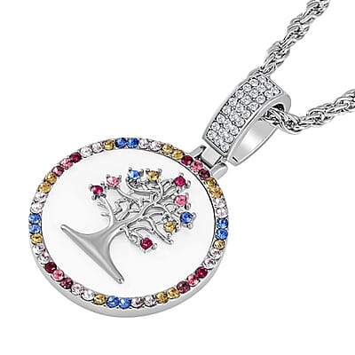 Multi Color Austrian Crystal and Resin Tree of Life Necklace 20-22 Inches in Silvertone