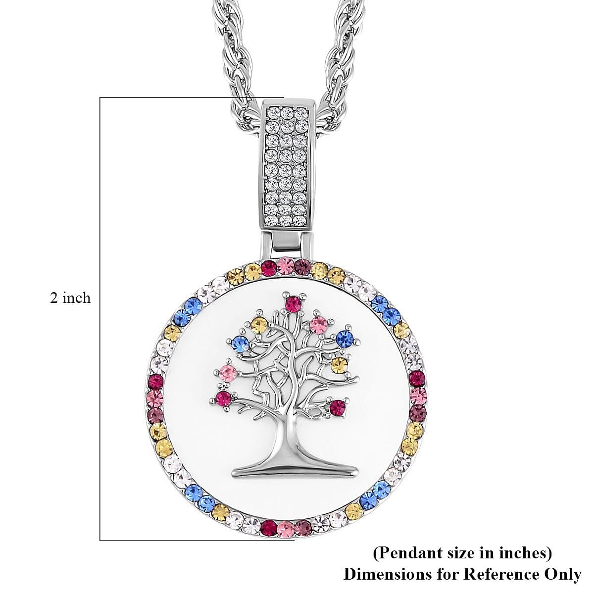 Multi Color Austrian Crystal and Resin Tree of Life Necklace 20-22 Inches in Silvertone