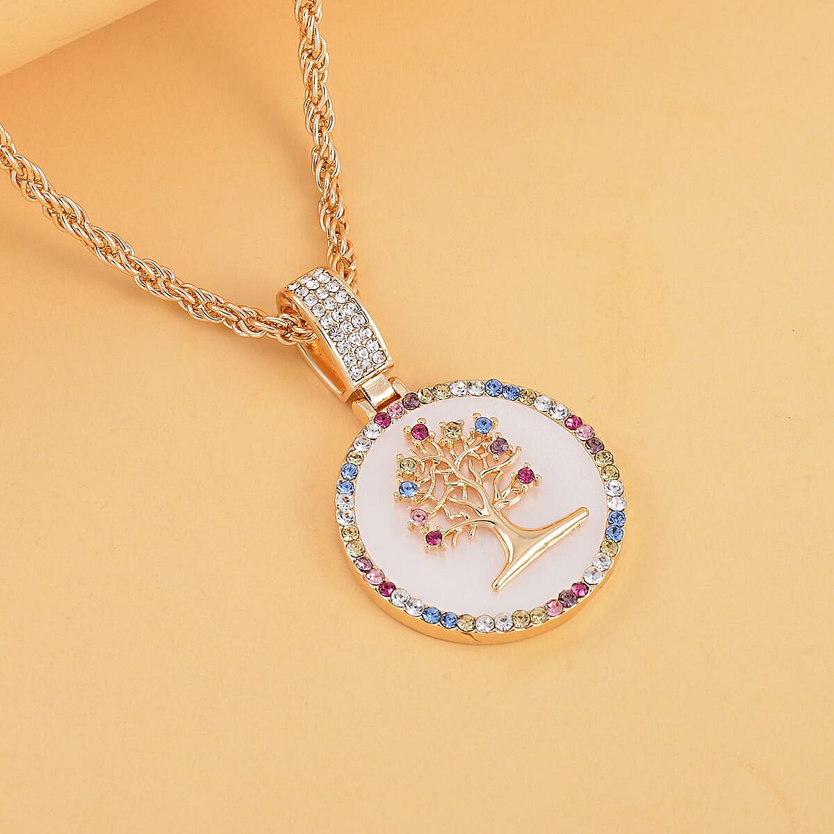 Multi Color Austrian Crystal and Resin Tree of Life Necklace 20-22 Inches in Goldtone image number 1