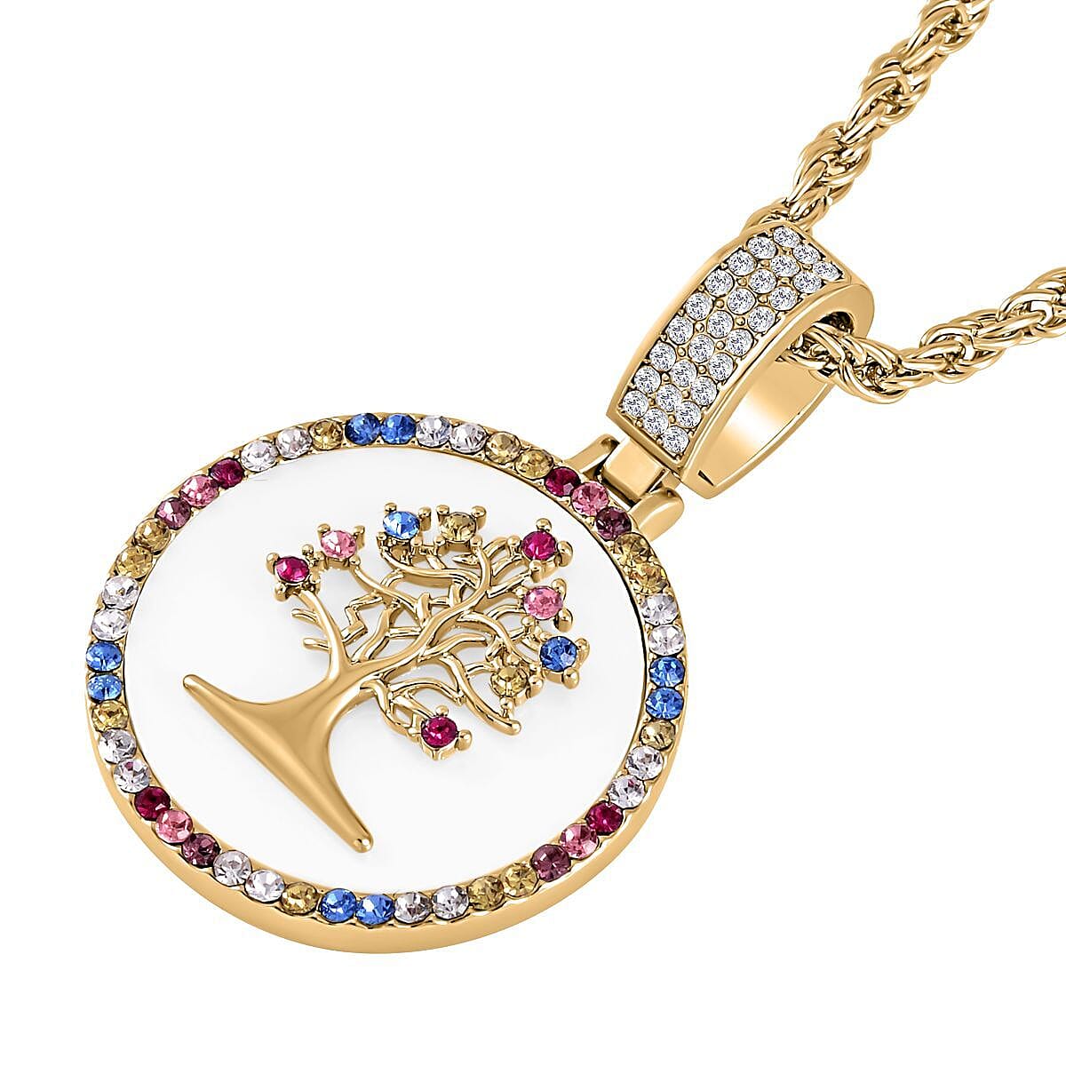 Multi Color Austrian Crystal and Resin Tree of Life Necklace 20-22 Inches in Goldtone image number 2
