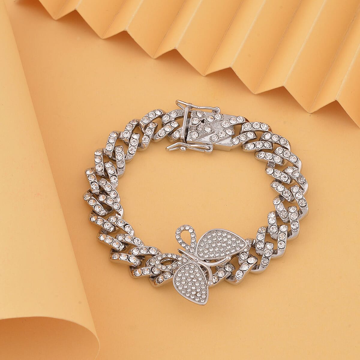 Austrian Crystal Spinner Butterfly Bracelet in Silvertone (7.25 In) image number 1