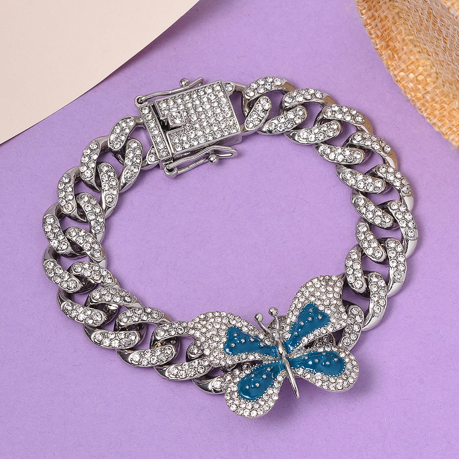 Austrian Crystal, Enameled Butterfly Spinner Bracelet in Silvertone (6.50 In)