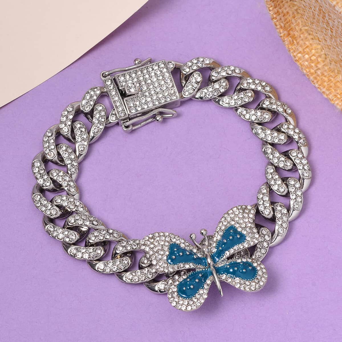 Austrian Crystal, Enameled Butterfly Bracelet in Silvertone (6.50 In) image number 1