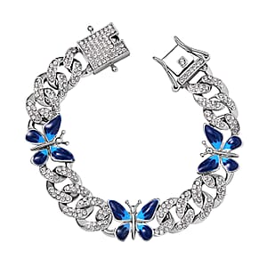 White Austrian Crystal and Enameled 3 Pcs Fixable Butterfly and Curb Link Chain Bracelet in Silvertone (6.50 In)