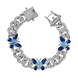 White Austrian Crystal and Enameled 3 Pcs Fixable Butterfly and Curb Link Chain Bracelet in Silvertone (7.25 In)