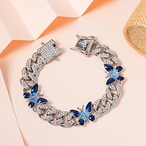 White Austrian Crystal and Enameled 3 Pcs Fixable Butterfly and Curb Link Chain Bracelet in Silvertone (7.25 In)