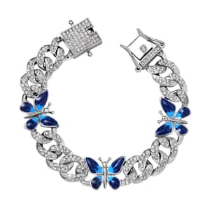 White Austrian Crystal and Enameled 3 Pcs Fixable Butterfly and Curb Link Chain Bracelet in Silvertone (8.00 In)