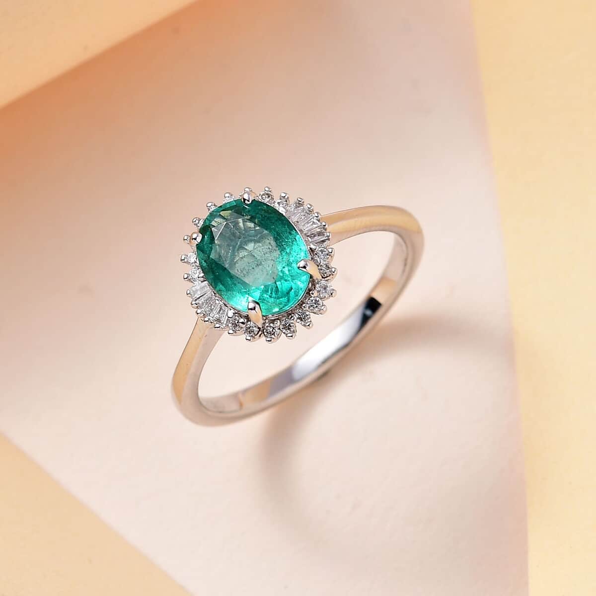 Luxoro 14K White Gold AAA Kagem Zambian Emerald and G-H I2 Diamond Halo Ring (Size 10.0) 1.85 ctw image number 1