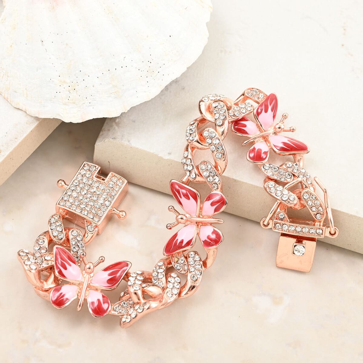 White Austrian Crystal and Enameled 3 Pcs Fixable Butterfly and Curb Link Chain Bracelet in Rosetone (6.50 In) image number 1