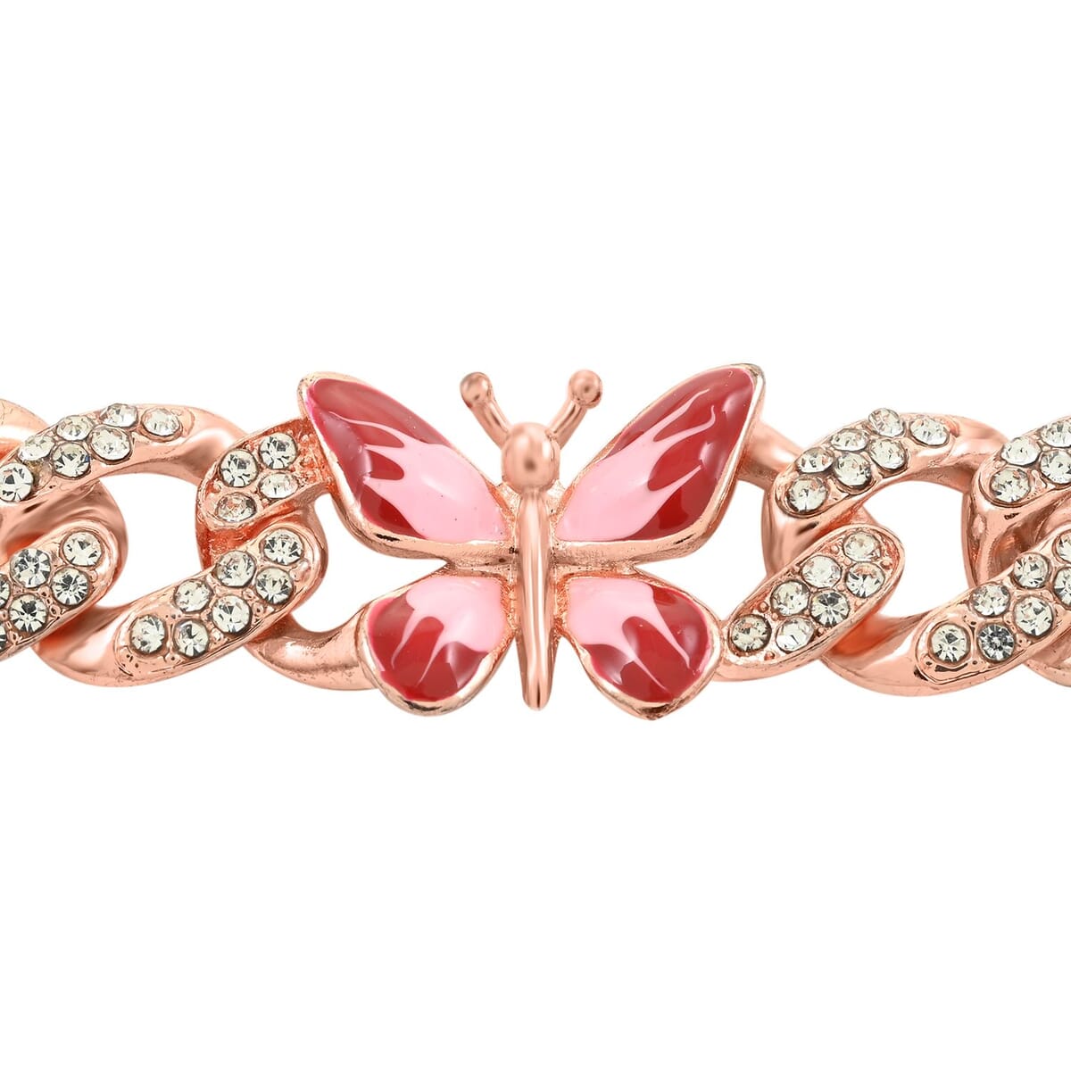 White Austrian Crystal and Enameled 3 Pcs Fixable Butterfly and Curb Link Chain Bracelet in Rosetone (6.50 In) image number 2