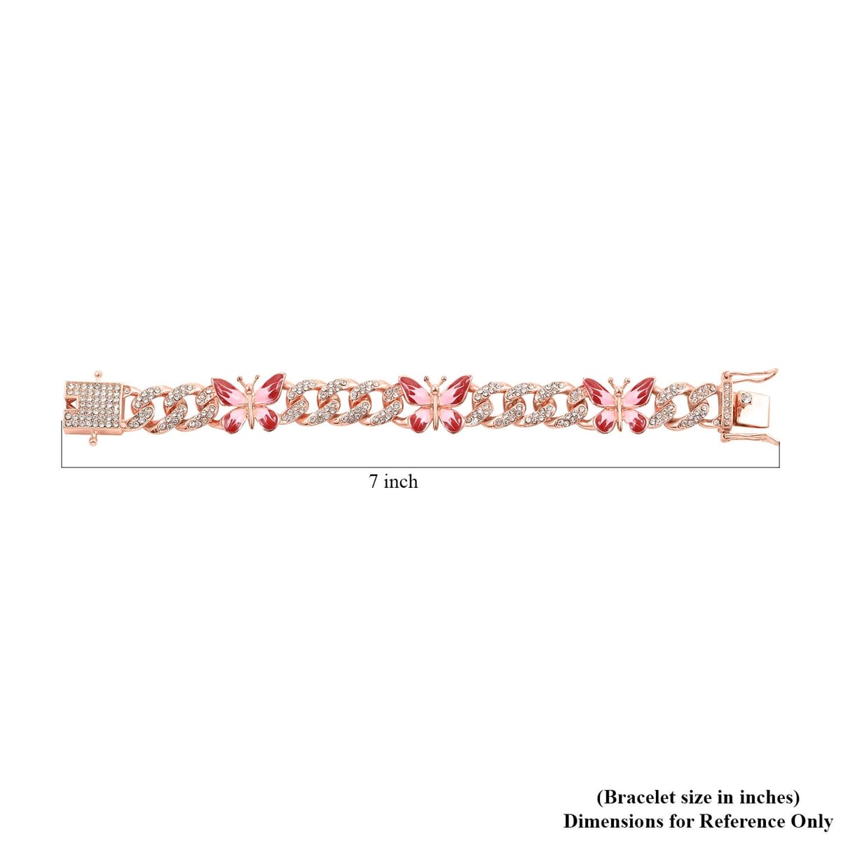 White Austrian Crystal and Enameled 3 Pcs Fixable Butterfly and Curb Link Chain Bracelet in Rosetone (6.50 In) image number 4