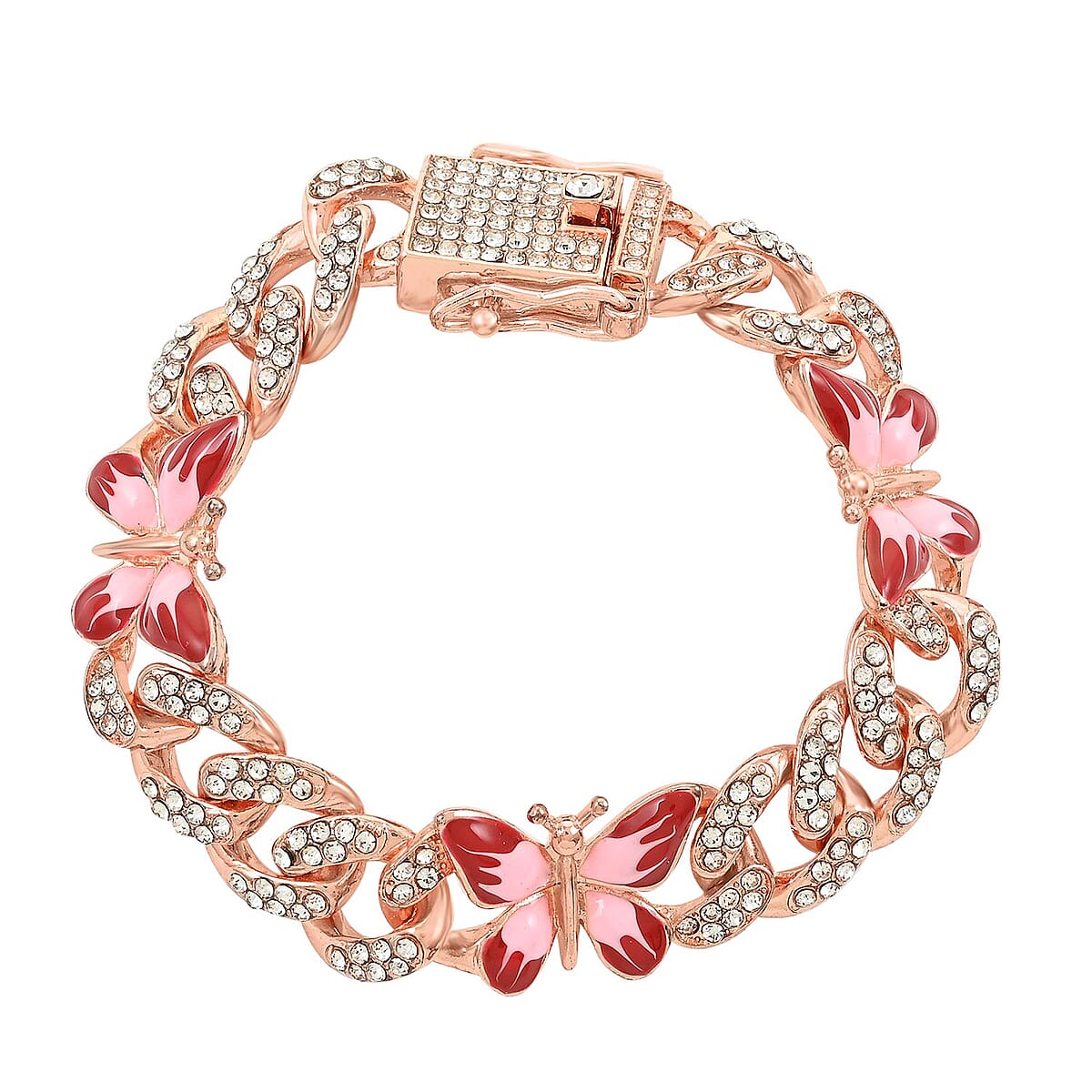 White Austrian Crystal and Enameled 3 Pcs Fixable Butterfly and Curb Link Chain Bracelet in Rosetone (7.25 In) image number 0