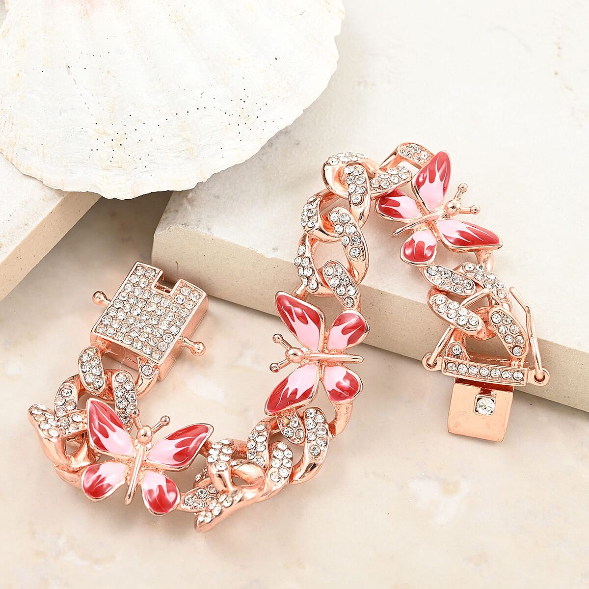 White Austrian Crystal and Enameled 3 Pcs Fixable Butterfly and Curb Link Chain Bracelet in Rosetone (7.25 In) image number 1