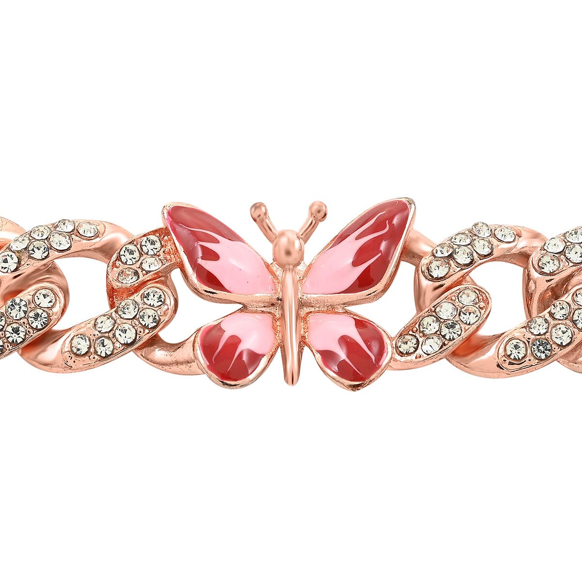White Austrian Crystal and Enameled 3 Pcs Fixable Butterfly and Curb Link Chain Bracelet in Rosetone (7.25 In) image number 2