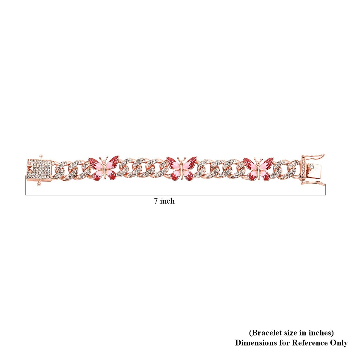 White Austrian Crystal and Enameled 3 Pcs Fixable Butterfly and Curb Link Chain Bracelet in Rosetone (7.25 In) image number 4