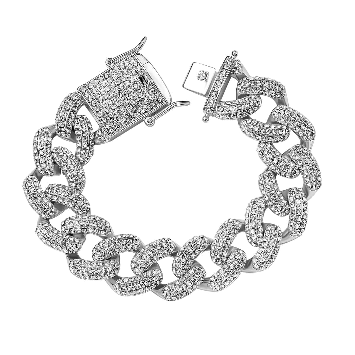 White Austrian Crystal Curb Link Chain Bracelet in Silvertone (6.50 In) image number 0