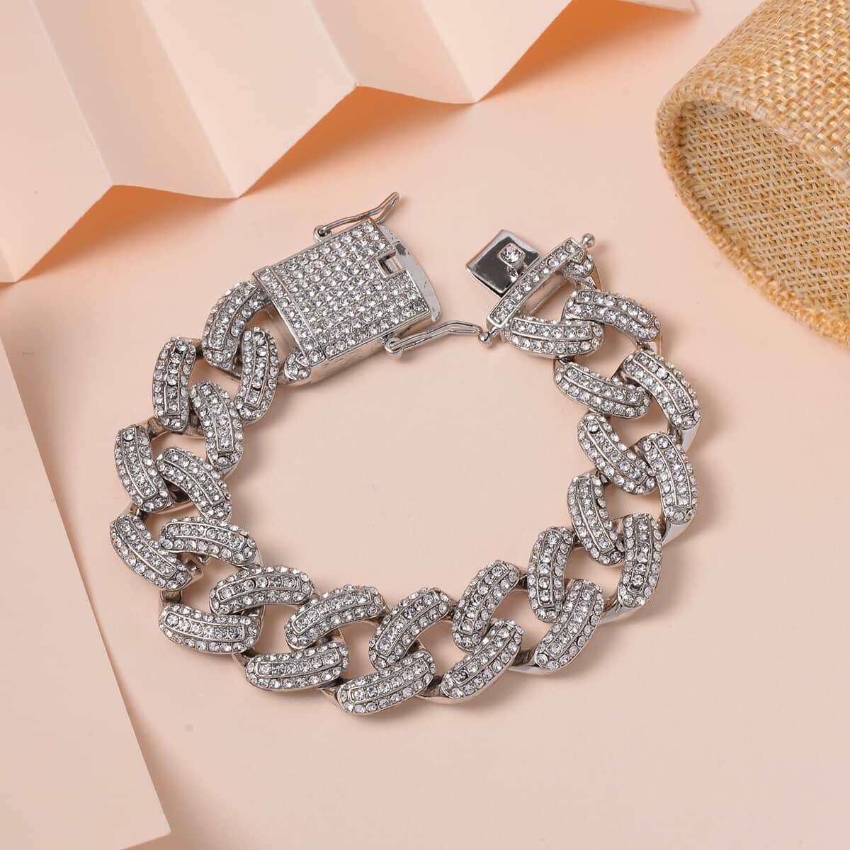 White Austrian Crystal Curb Link Chain Bracelet in Silvertone (6.50 In) image number 1