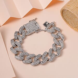 White Austrian Crystal Curb Link Chain Bracelet in Silvertone (7.25 In)