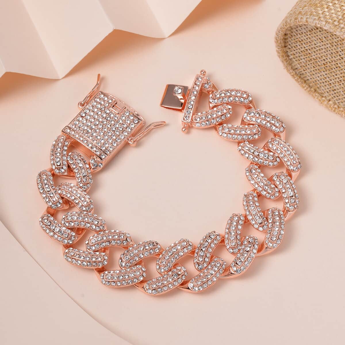 White Austrian Crystal Curb Link Chain Bracelet in Rosetone (7.25 In) image number 1