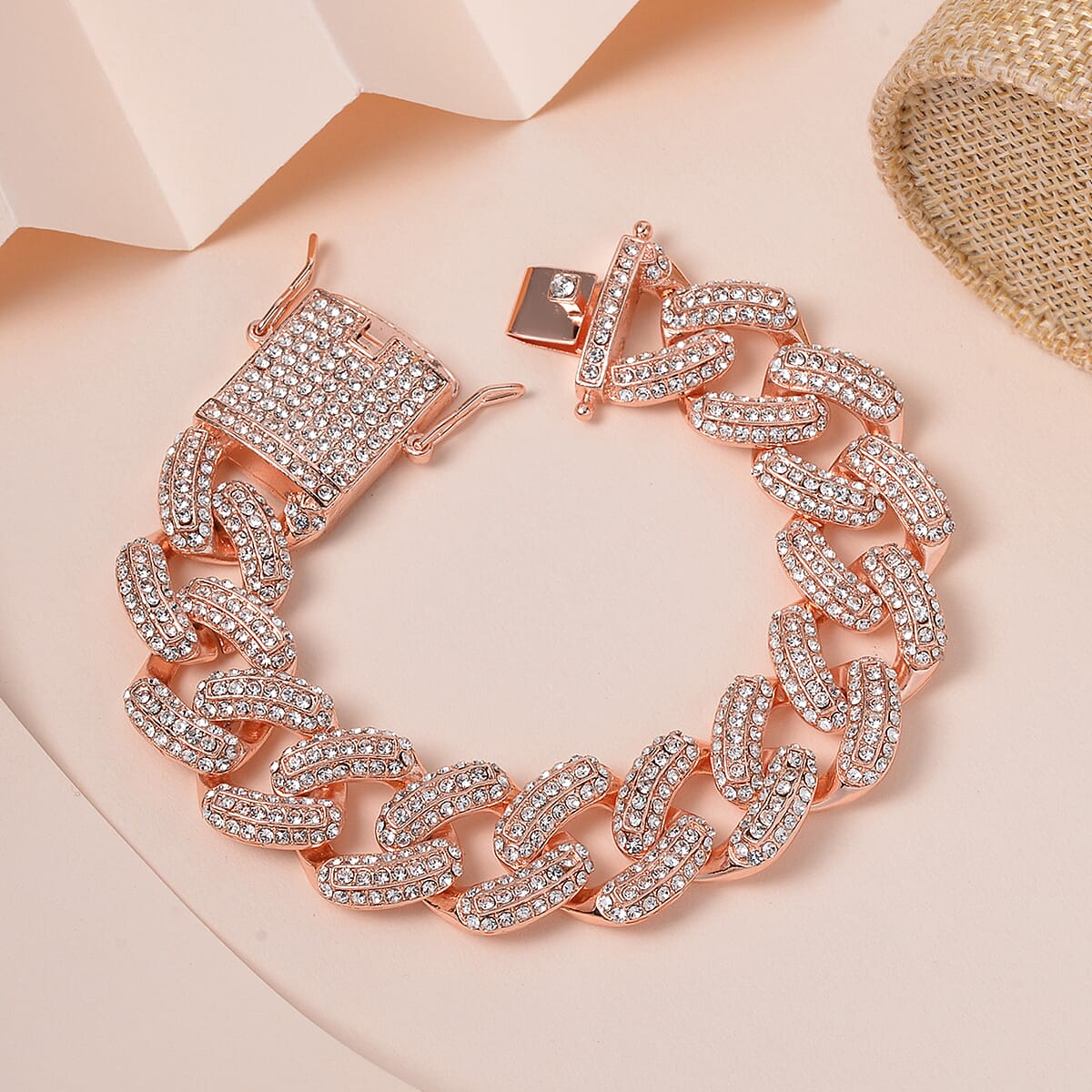 White Austrian Crystal Curb Link Chain Bracelet in Rosetone (8.00 In) image number 1