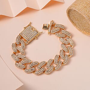 White Austrian Crystal Curb Link Chain Bracelet in Goldtone (7.25 In)