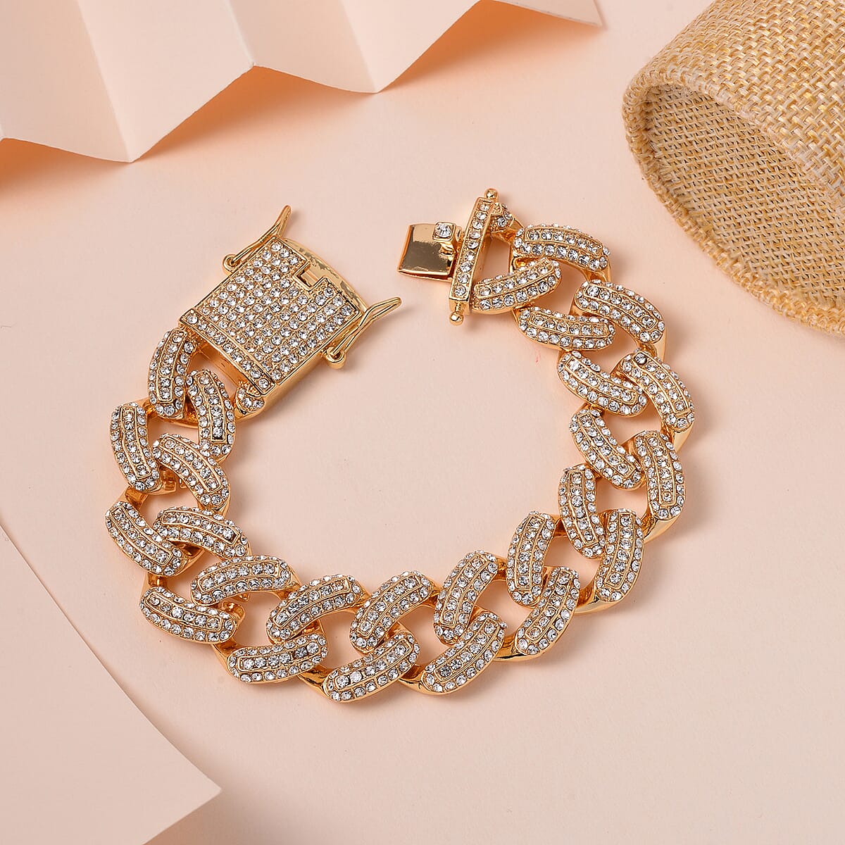 White Austrian Crystal Curb Link Chain Bracelet in Goldtone (8.00 In) image number 1