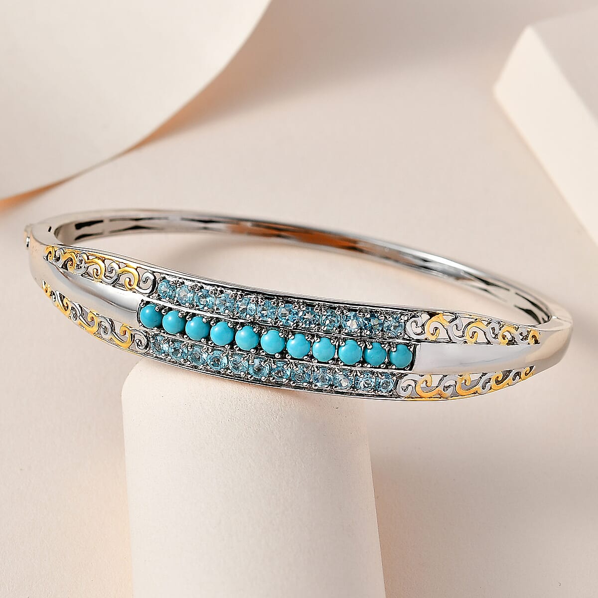 Karis Sleeping Beauty Turquoise and Malgache Neon Apatite Bangle Bracelet in 18K YG Plated Platinum Bond (8.0 in) 3.00 ctw image number 1