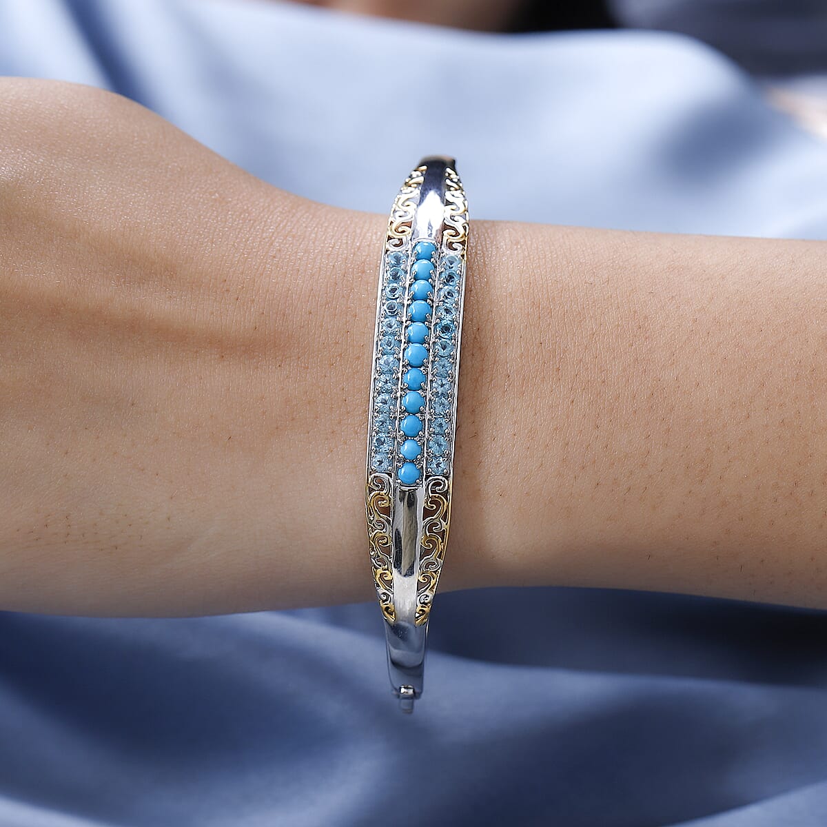 Karis Sleeping Beauty Turquoise and Malgache Neon Apatite Bangle Bracelet in 18K YG Plated Platinum Bond (8.0 in) 3.00 ctw image number 2