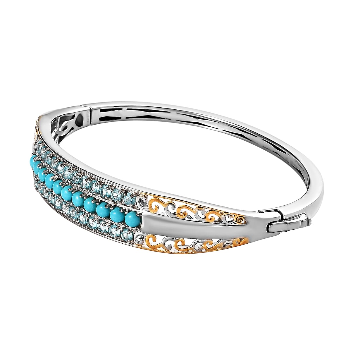 Karis Sleeping Beauty Turquoise and Malgache Neon Apatite Bangle Bracelet in 18K YG Plated Platinum Bond (8.0 in) 3.00 ctw image number 3